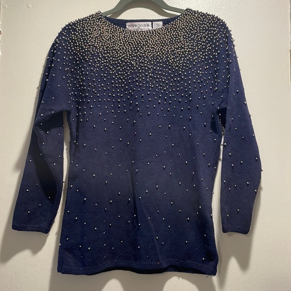 𝅺🥂HP🥂 Vintage Bonnie Boerer Navy Blue Beaded Gold Ball Sweater Top